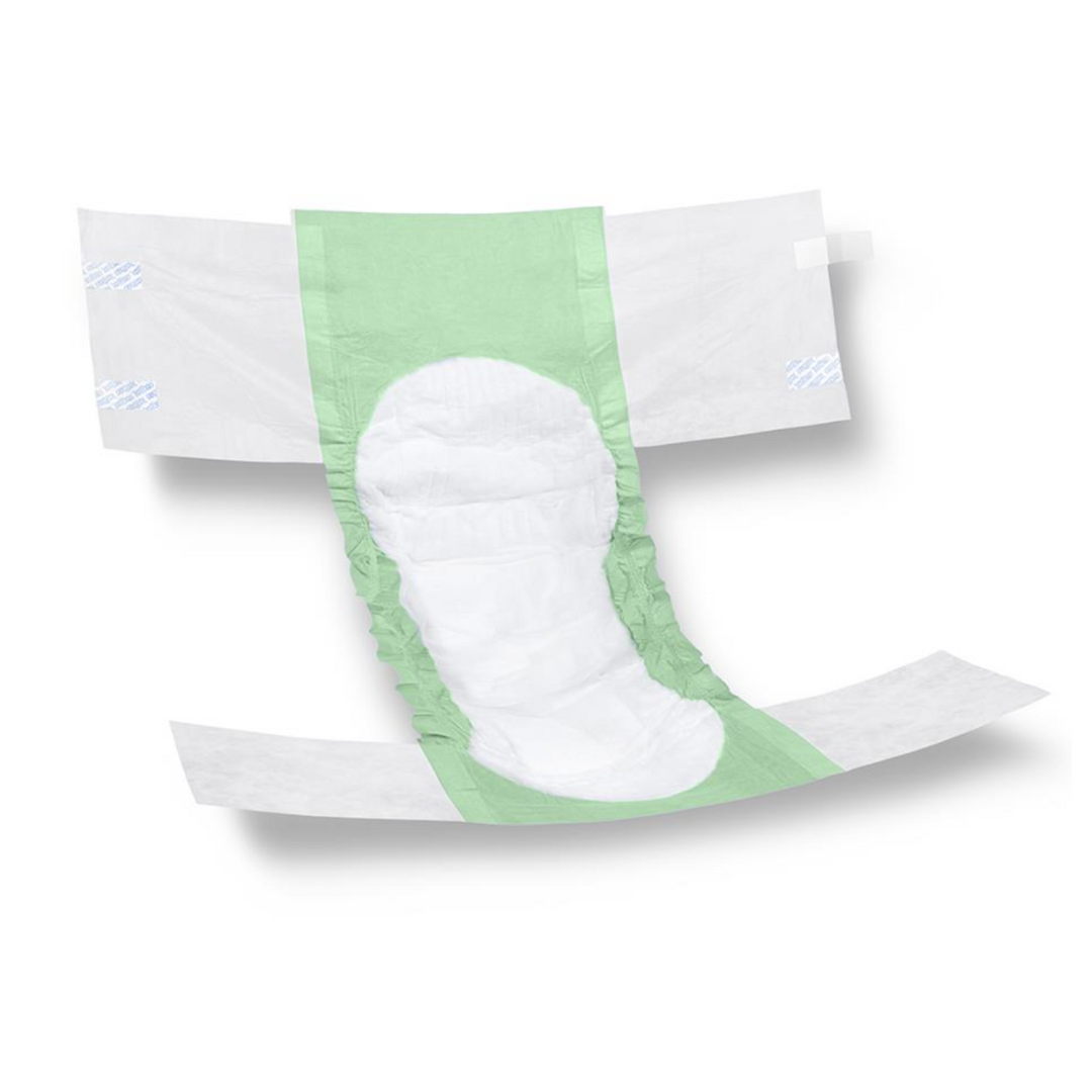 The FitRight Unisex Essential Incontinence Briefs with moderate absorbency are shown flat against a white background, highlighting a white absorbent interior, green accents, and side tabs for fastening to ensure odor control.